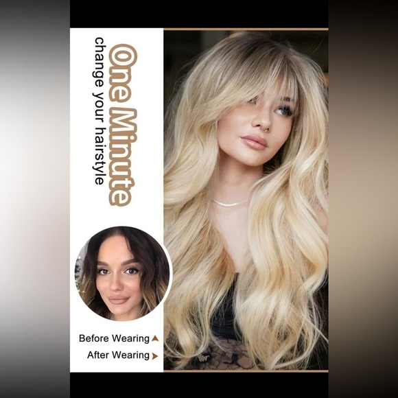 26” Balayage Light Blonde Wavy long Hair Wig & bangs Natural look for da… - Picture 7 of 10